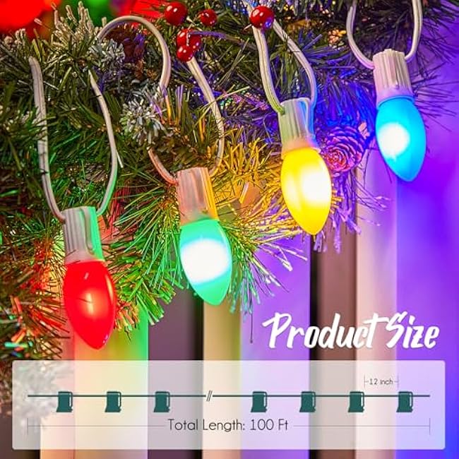 C9 Light Strand, 2 Pack 100 FT Outdoor String Lights Christmas Stringer with 100 Sockets for Christmas Decor Patio, E17 Light Socket, 12 Spacing, White Wire