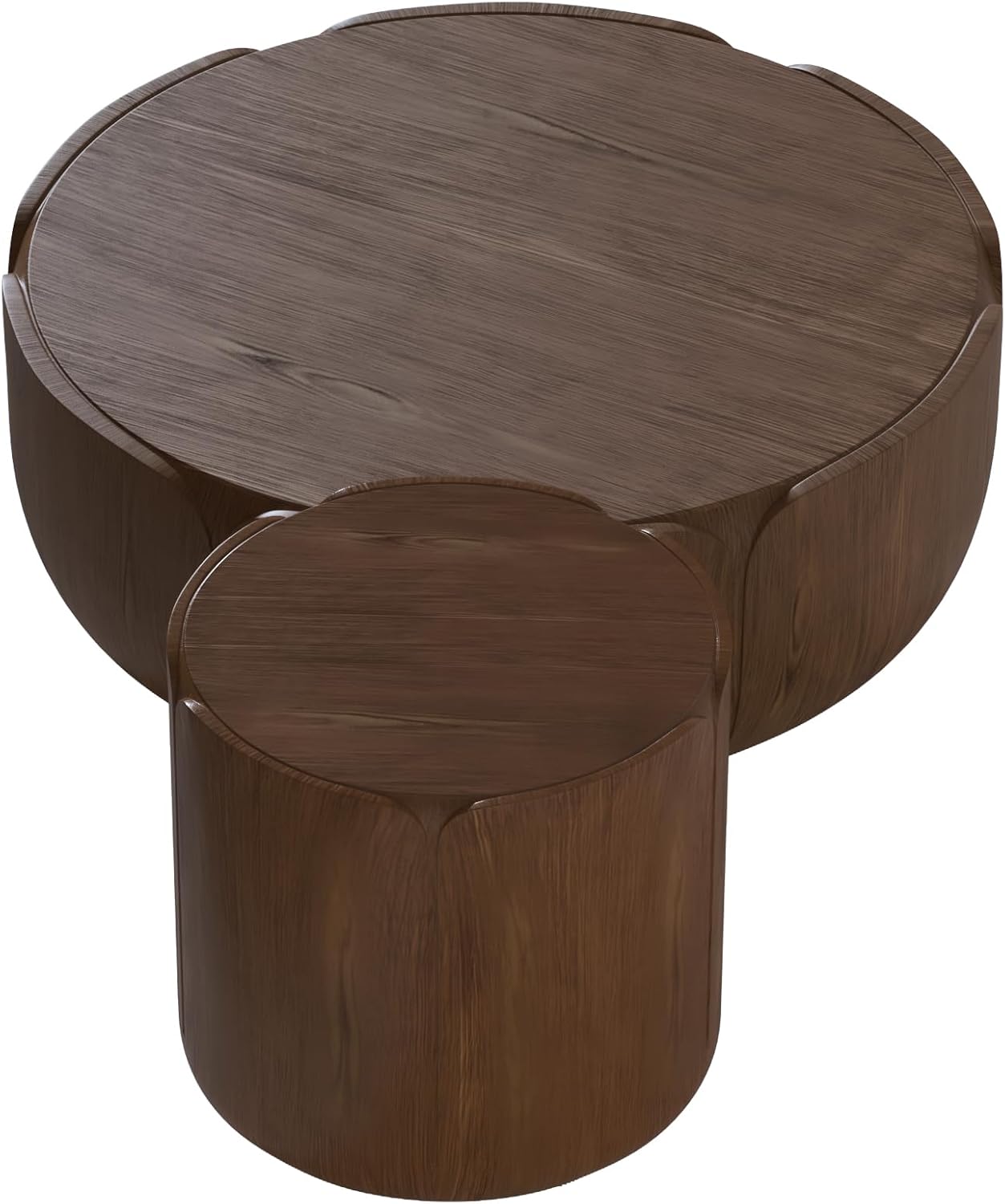 Round Coffee Table Set of 2, Modern Wood Grain Drum Center Table Set, No-Assembly Table for Patio, Garden, Backyard, Living Room, Brown