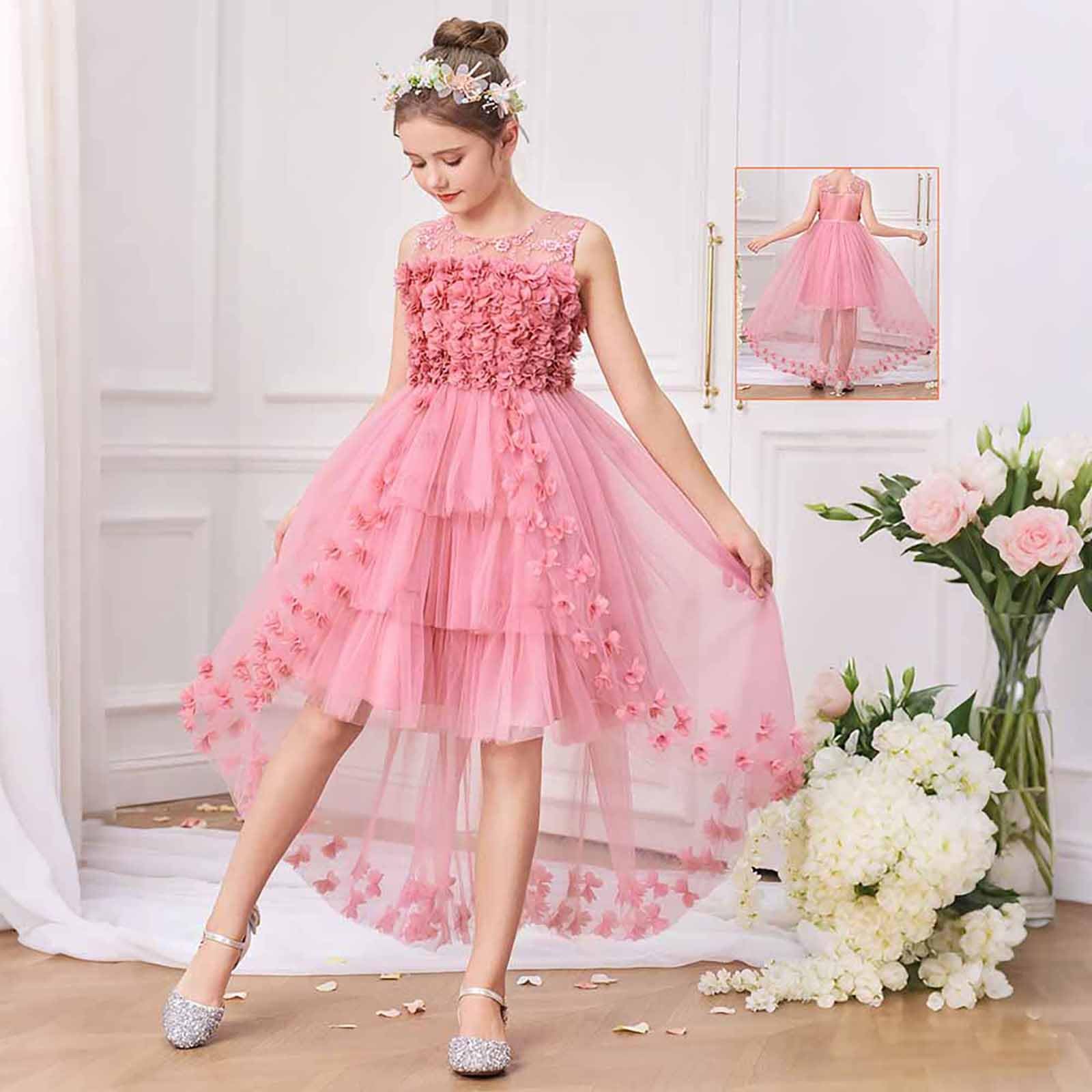 Vestidos para niñas: Elegante Vestido con Cola Floral 3D Fiesta Informal Edades de 7 a 12 años, Encaje, Ligero y Bordado, Ideal Uso Diario, Tendencia Infantil Estilo Casual/g