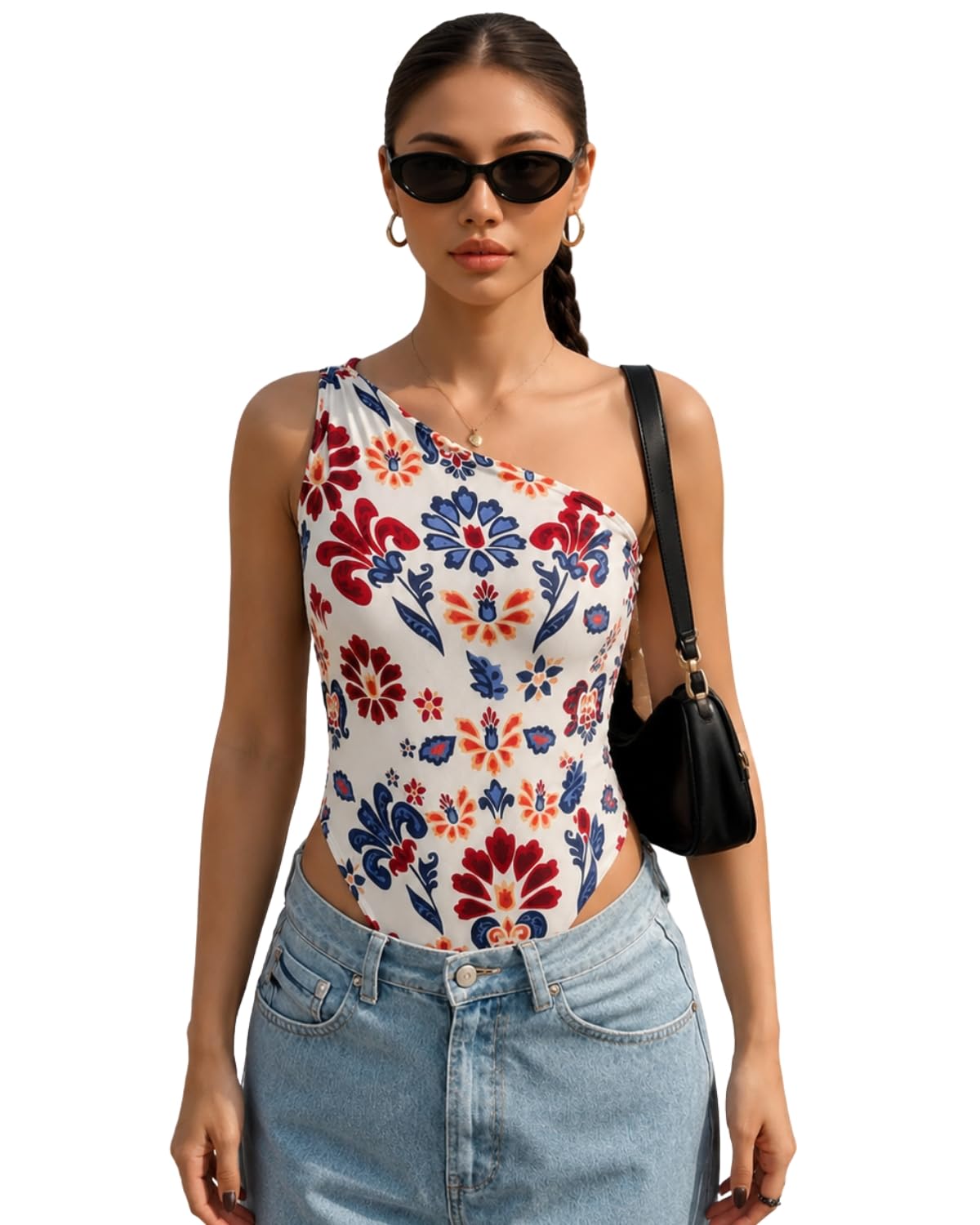 LUXZII Women's Printed One Shoulder Bodysuit Elegant Floral Stretch Leotard Top Sleeveless Bodycon Fit Fashion Bodysuit for Casual Wear Party Beach Vacation-picture-34