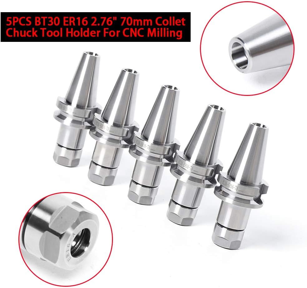 5PCS BT30 ER16 Collet Chuck, 0.003-0.005mm High Precision, 70mm Processing Length, Cr40 Metal Milling Chuck for Drilling & Milling Machines