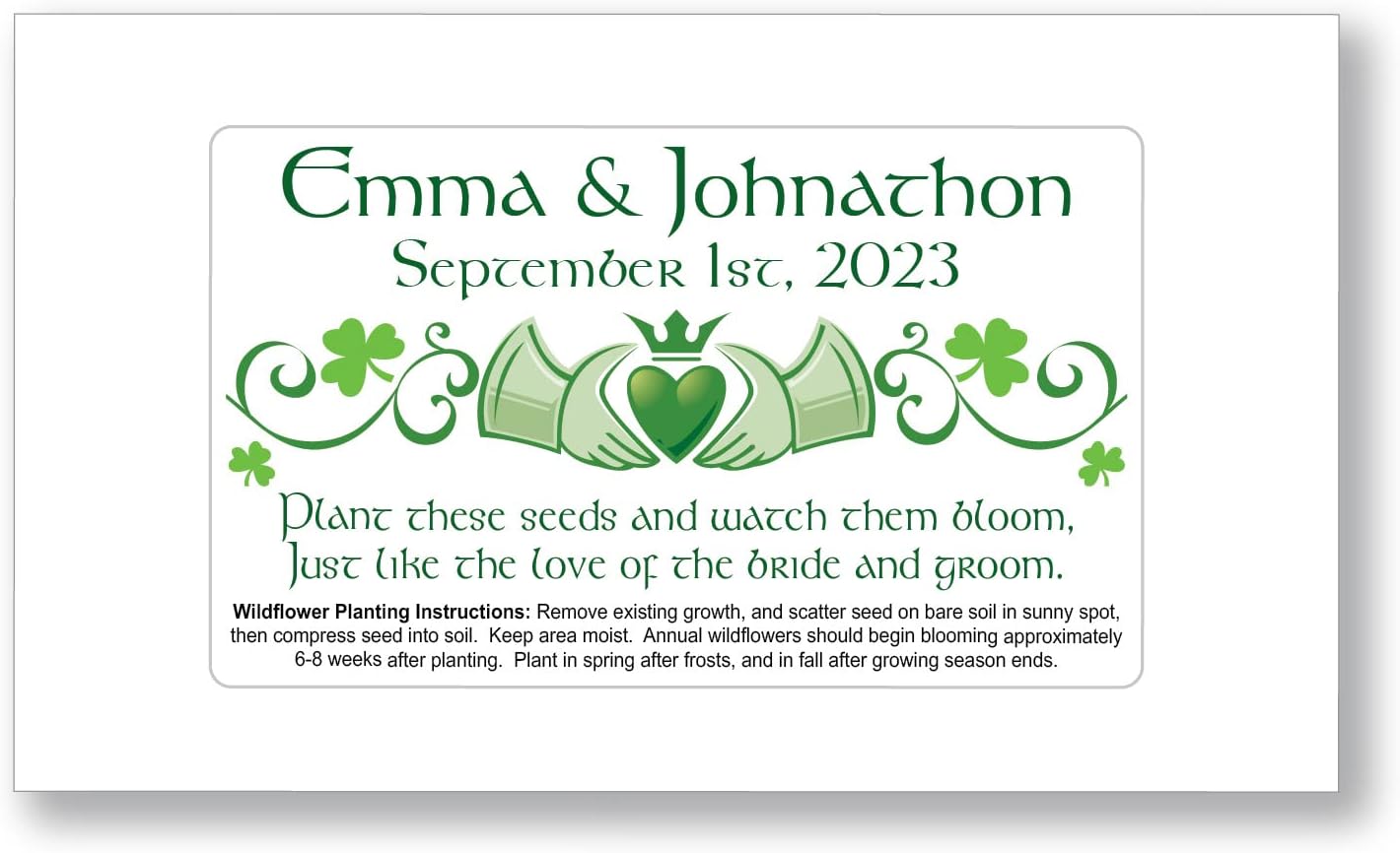 50 Personalized Irish Claddagh Wedding Wildflower Seed Packets Bridal Favors - Shower Gift, Party Supplies, bonbonnieres, Keepsake, Momentos; Heart Crown Hands Design