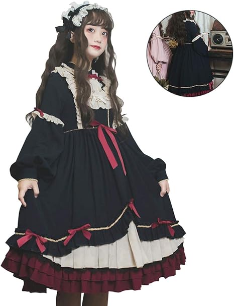 Amazon 2点セット ワンピース ロリータ服 プリンセススカート レディーズ 洋服 コスプレ メイド風 ステッチ ビッグスイングスカート かわいい 森ガール ガーリー 姫袖 長袖 女装 ゴシック ワンピース ジャンパースカート メイド かわいい コスプレ ブラウス お嬢様
