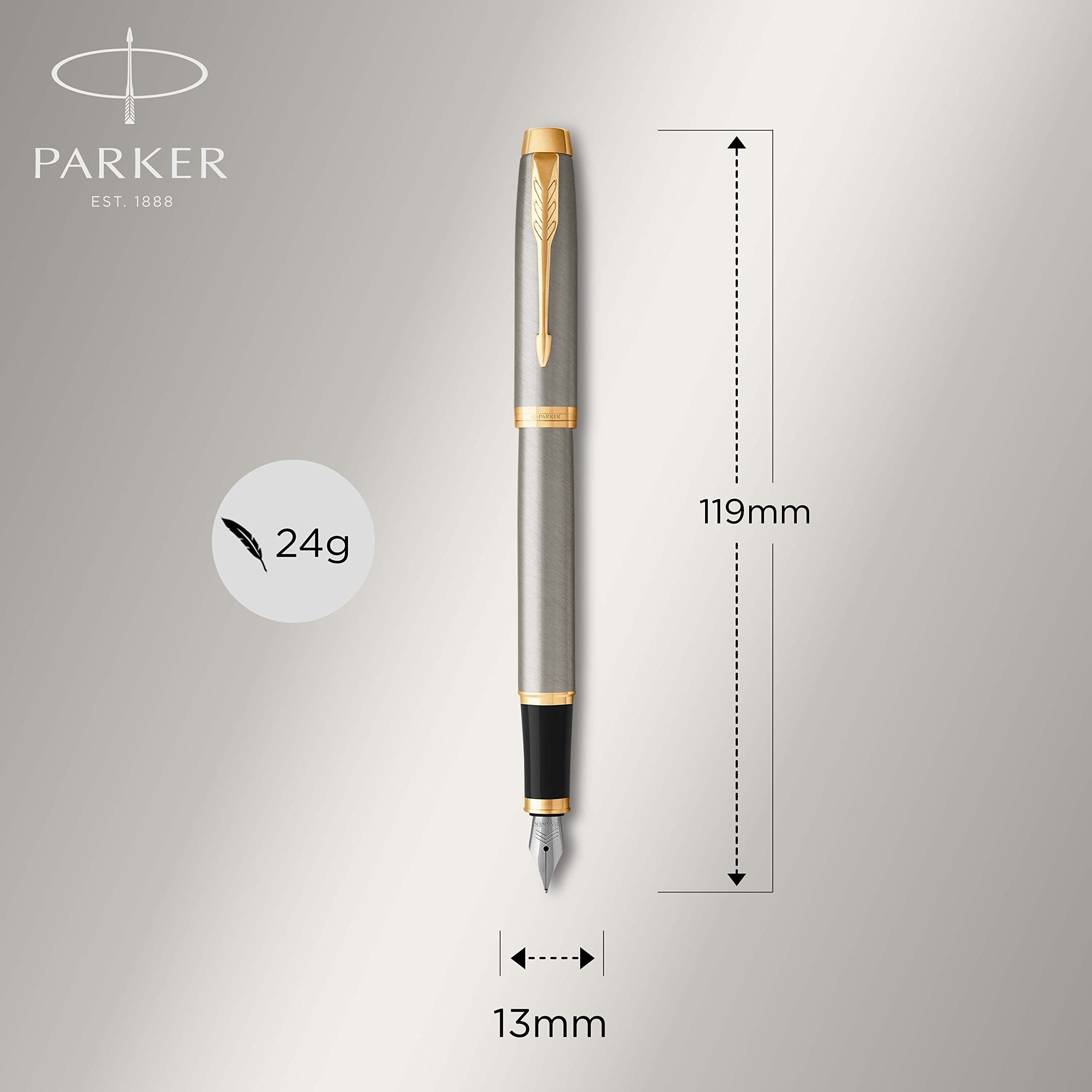 Parker IM Premium Stylo plume en métal brossé avec bordure dorée Pointe fine Encre noire Boîte cadeau