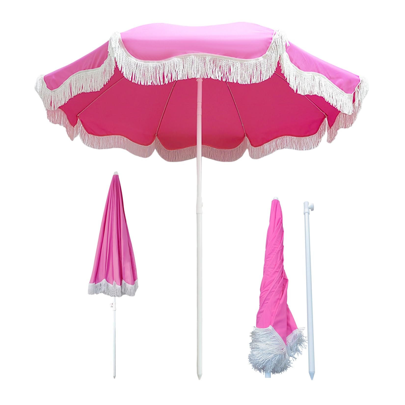Pink Beach Parasol with Fringe 180cm Outdoor UV50+ Umbrella - Boho Garden, Removable Storage Bag, Waterproof for Holiday Pool Table