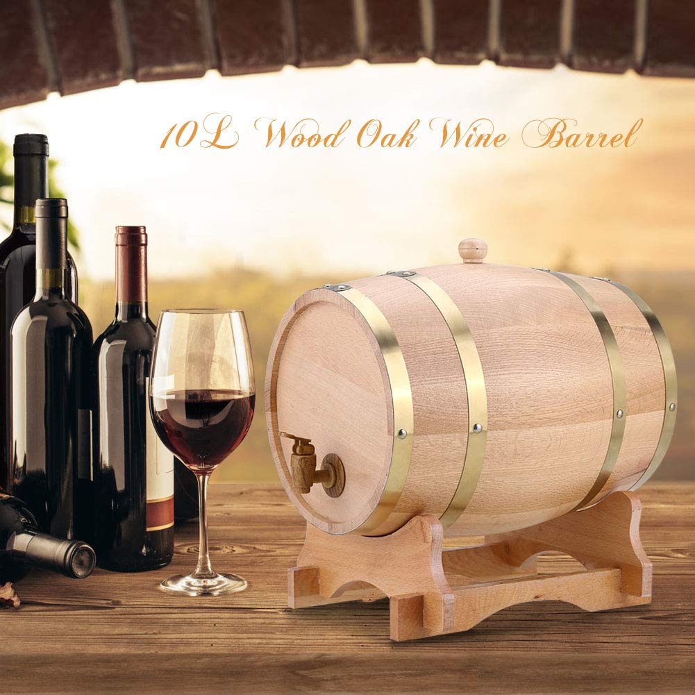 Barril de vino de roble, 10 L, práctico, duradero, de madera de roble, con soporte de madera para whisky Bourbon Tequila vino vinagre cerveza