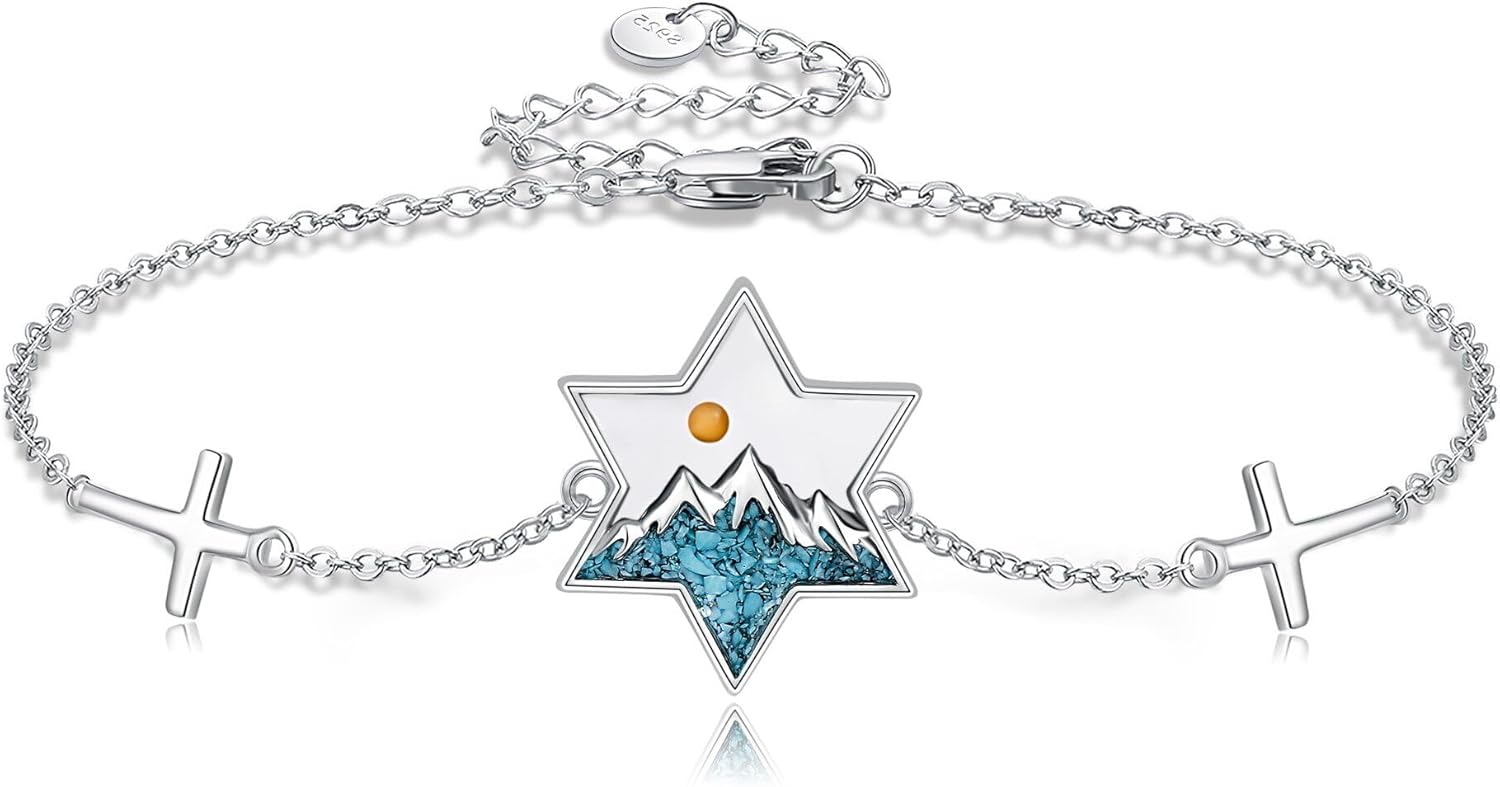 YAFEINI Mustard Seed Mountain Bracelet 925 Sterling Silver Star of David with Cross Bracelet Inspirational Jewelry Gifts for Women