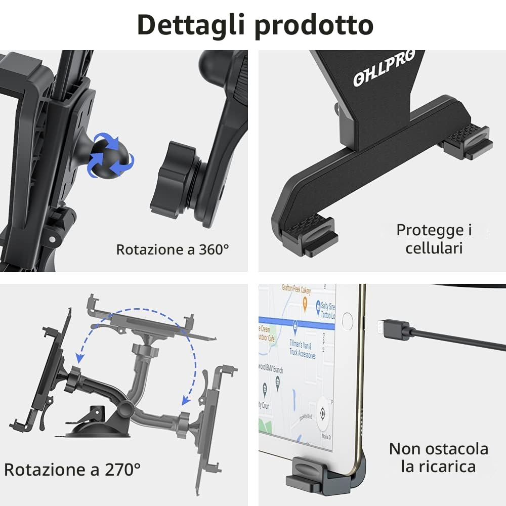 OHLPRO Supporto Tablet Auto Regolabile Girevole 360° Universale Parabrezza 6-11 Pollici iPad Samsung Huawei Tab