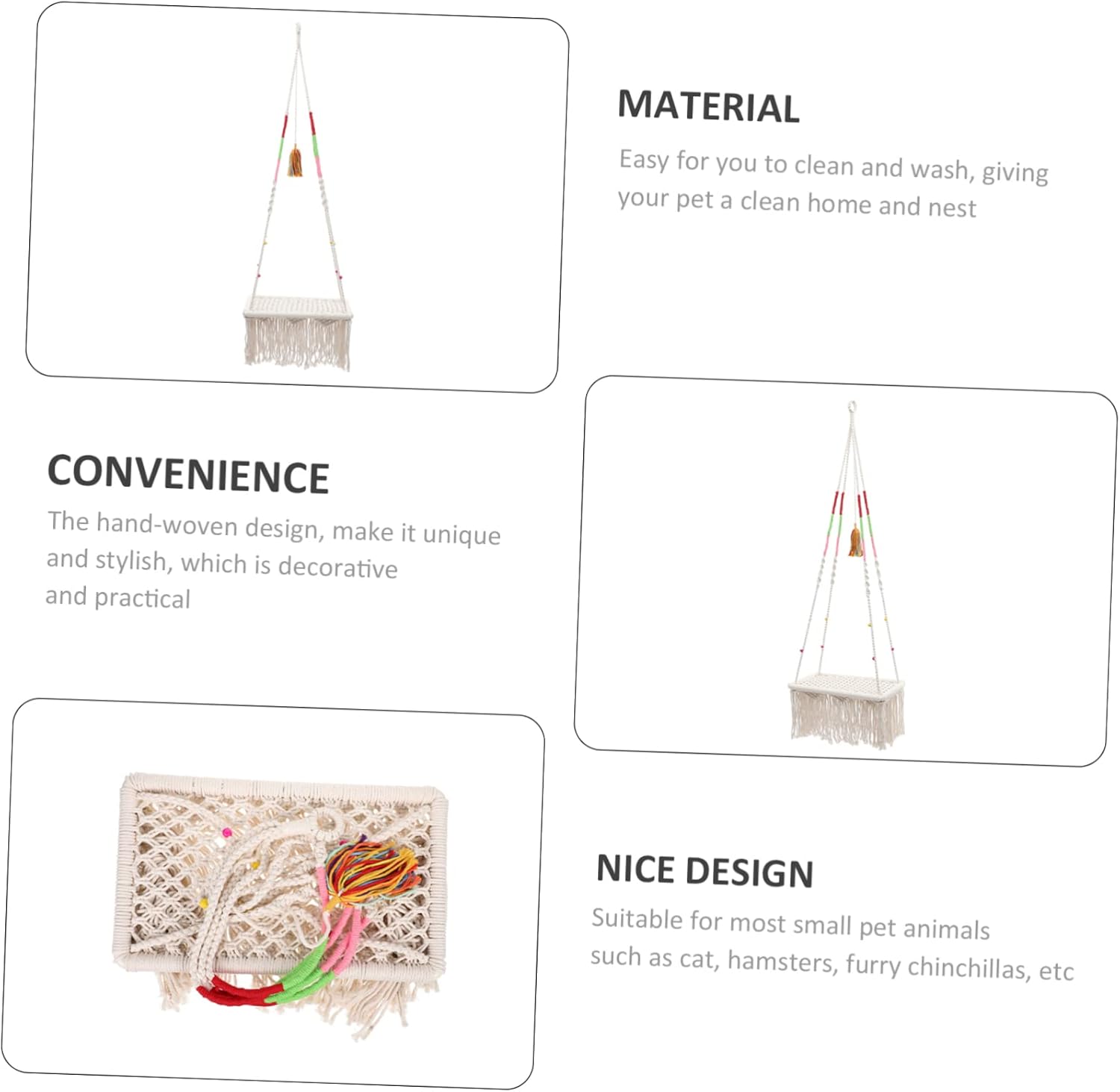 BESPORTBLE Macrame Hanging Cat Bed Rope Hammock Comfortable Indoor Kitten Accessory Small Pet House Hand Woven Cozy Nest for Cats and Hamsters