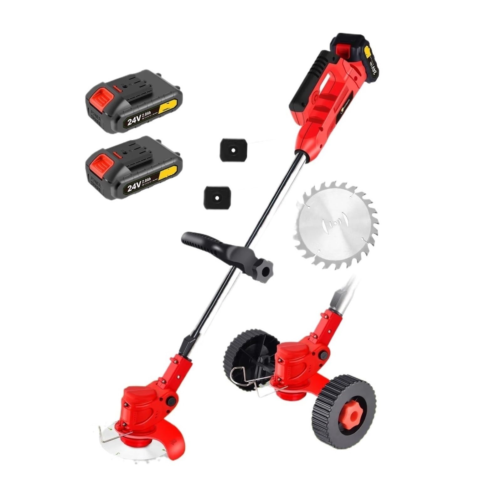 24V Akumulatorowa Podkaszarka Do Trawy Z 2 Akumulatorami 2000mAh I 15 Ostrzami, Kosiarka Ogrodu Lekki Dobra Moc(Red)