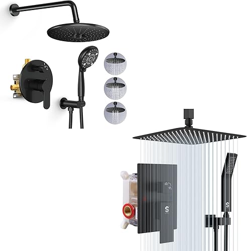 SR SUN RISE Sistema de ducha montado en el techo de 10 pulgadas, grifo de ducha de lluvia de 3 funciones con 6 ajustes de mano, negro mate