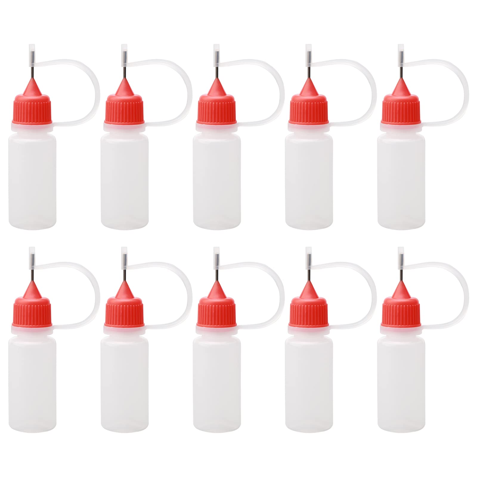 Pxyelec 10ml Metal Needle Tip Precision Glue Squeeze Bottles with Red Cap - Pack of 20, Leak-Proof Refillable Clear Plastic Fine Tip Applicator Bottles for Paint, Oil, Liquid, Travel,Dropper Bottle