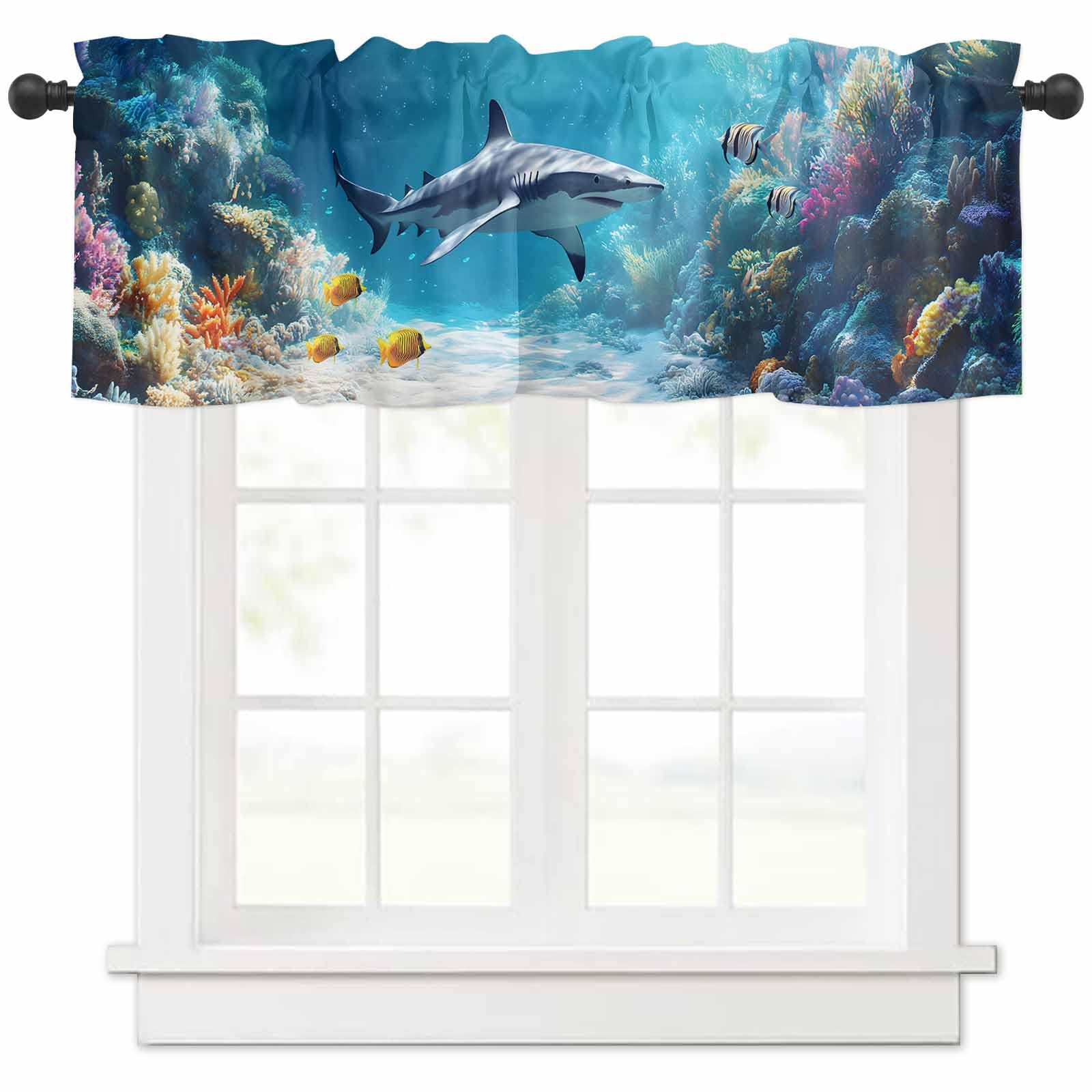 T&H XHome Tropical Shark Valances for Windows Ocean Underwater Fish Coral Window Treatment Valances Rod Pocket Curtain Valance for Kitchen, Bathroom,