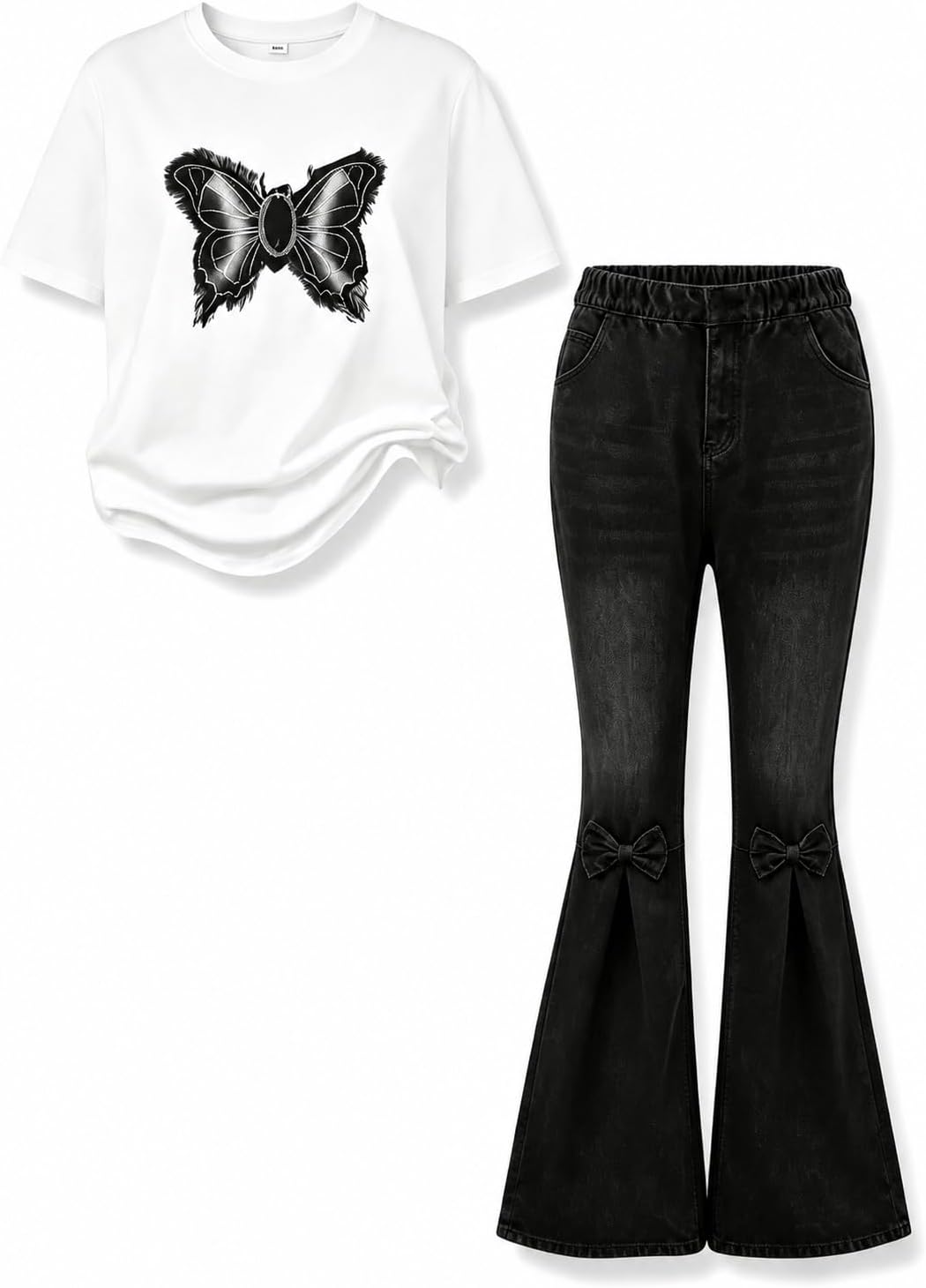Tween Girls Clothes Short-Sleeve Top Bowknot Print & Flared Jeans for 2 Piece Summer Fall Outfits Teen 7-14Y