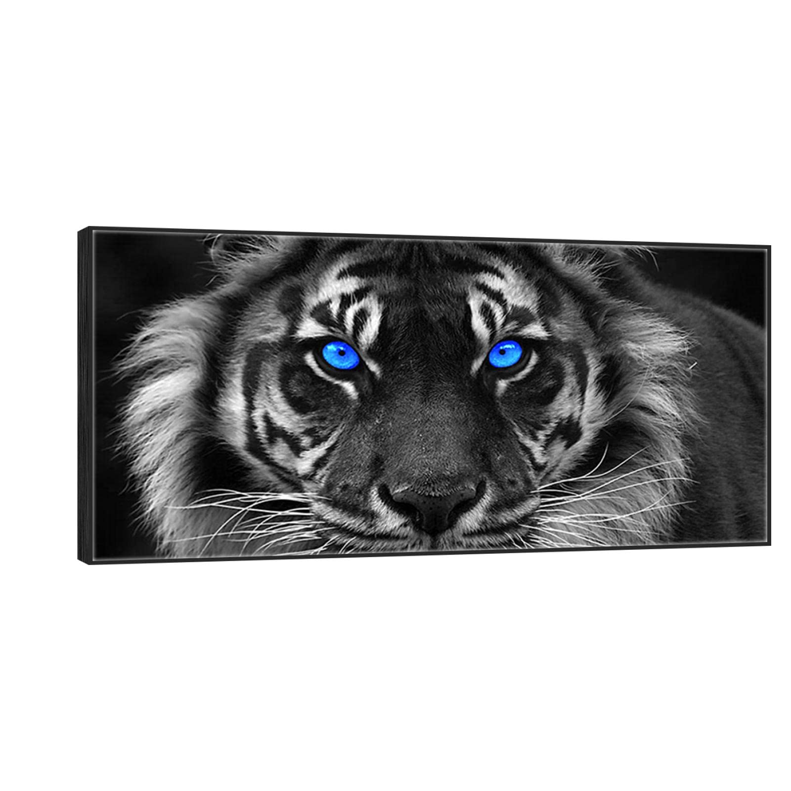 Schwarz-weißes Tier-Wandkunst-Bild. Gerahmte Leinwanddrucke für Wohnzimmer: blauer Tiger. Kunst-Tiergemälde auf Leinwand, 75 x 150 cm, schwarzer Rahmen