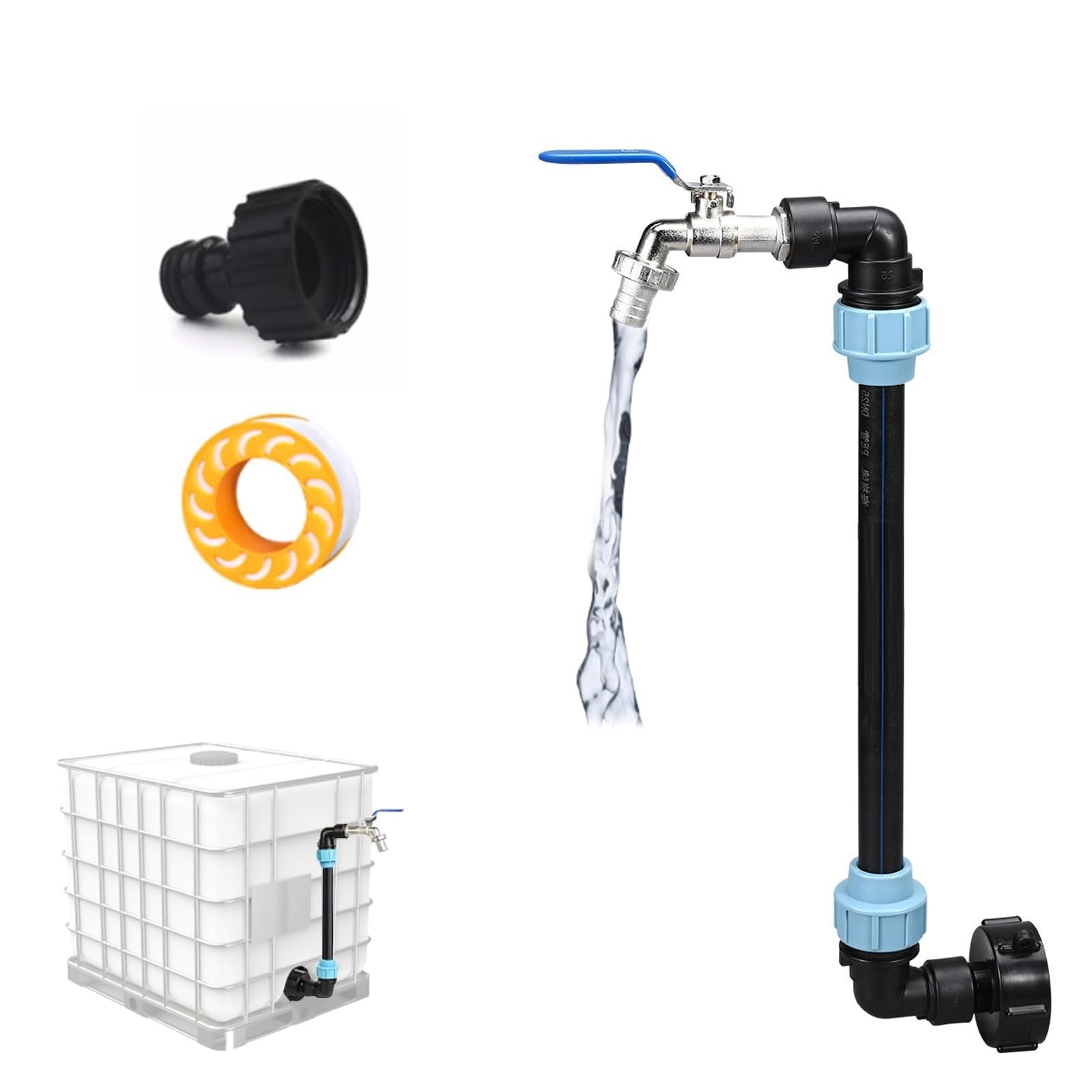 Rubinetto a Collo d'Oca IBC - Uscita 3/4" con Valvola, Connessione in Ottone Stagna per Cisterne di Acqua Piovana