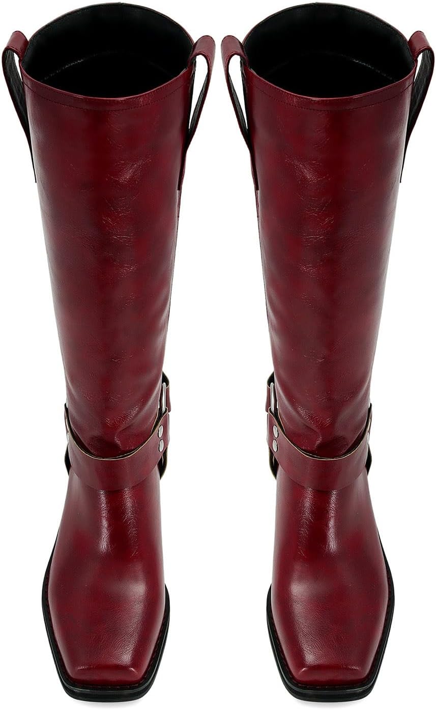 ZJGZF Women's Knee High Riding Boots Burgundy Leather Studds Biker Boot Square Toe Block Chunky Heel Slip on Tall Motorcycle Boots Red Wide Mid Calf Booties Cute Comfortable Winter Shoes