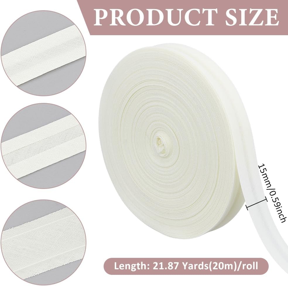 BENECREAT 21Yards White Bias Binding Tape, 5/8 Inch Polyester Cotton Hemming Tape Bulk for DIY Garment Sewing, Seaming Quilting Hemming Binding Crafts