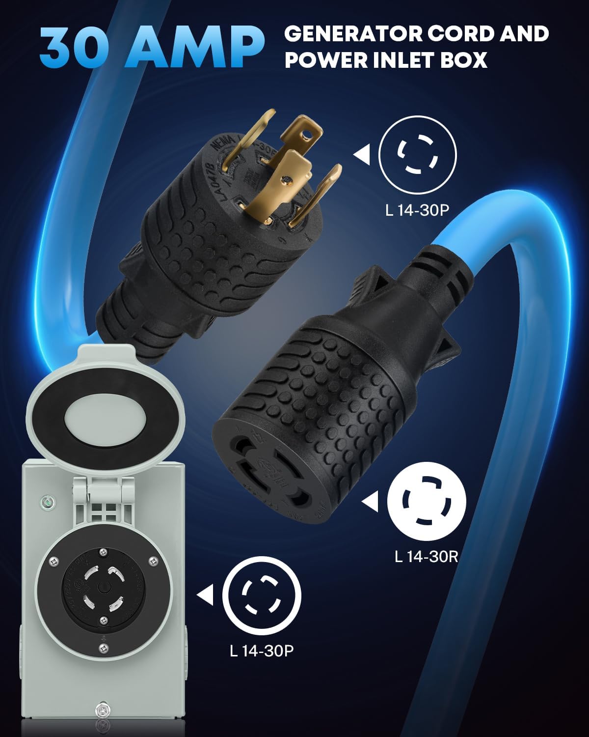 COOLTOP 30 Amp Generator Cord and Power Inlet Box Kit, 15FT 4 Prong Generator Extension Cord 10 Gauge Cable 125/250V NEMA L14‑30P to L14‑30R Pre-Drilled Inlet Box Emergency Power Kit, ETL Listed