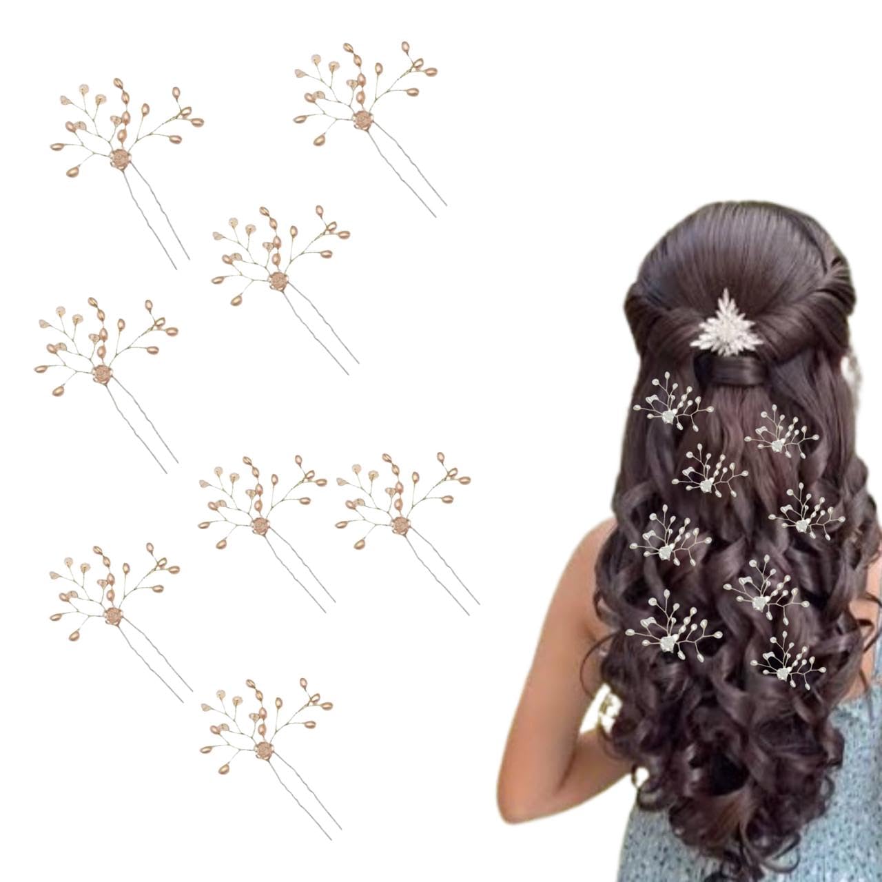 INHEAVEN 8 Pearl Artificial Bridal Wedding Hair Flower Accessories for Womens Gajra Juda Pin Juda Bun Hair Clip Artificial Flowers for Hair (4327-15) (ROSE GOLD)