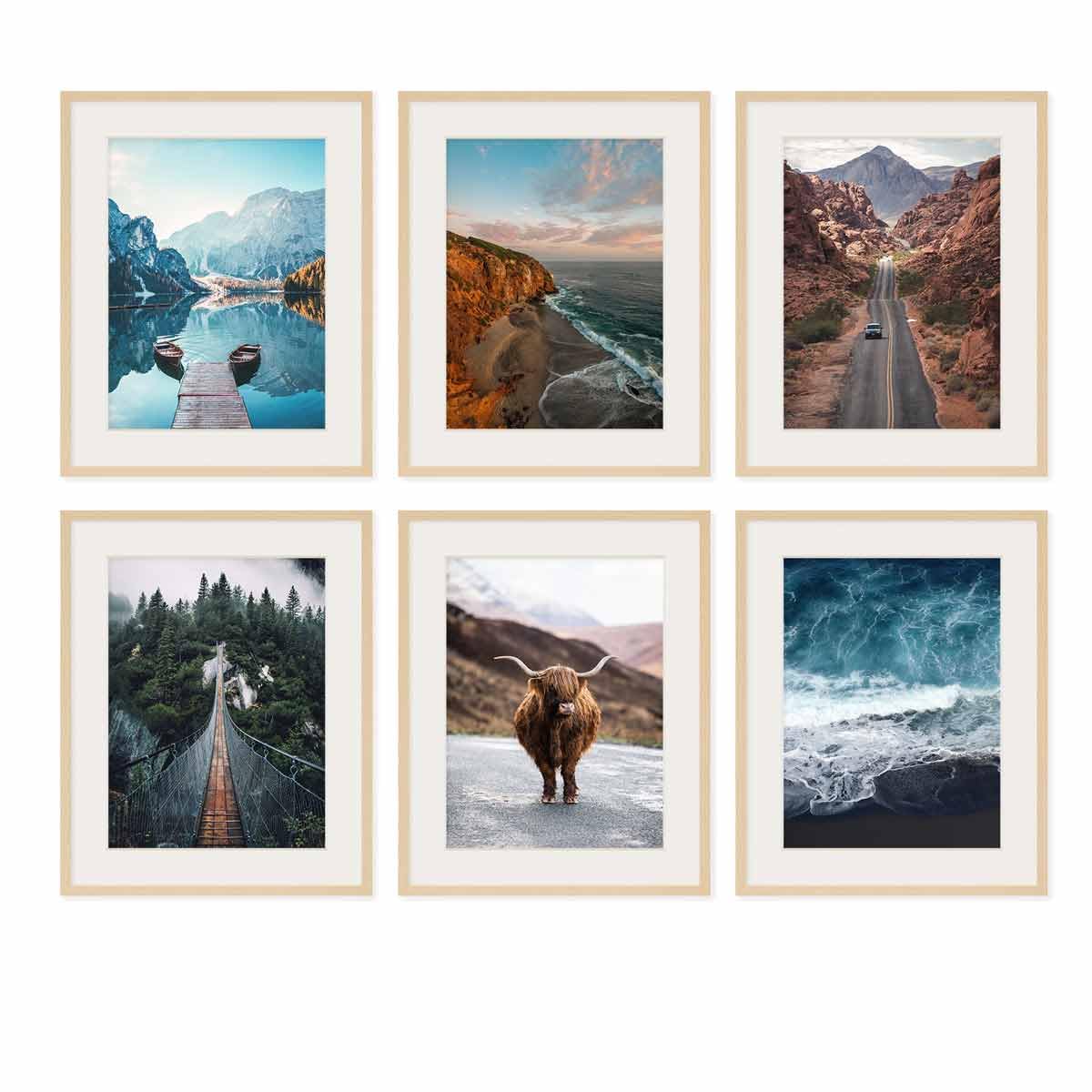 PHOTOLINI Marcos 40x50 cm madera MDF natural, set de 6 marcos para pósteres con paspartú 30x40 cm, cristal acrílico, para colgar y poner de pie, incluye accesorios - para fotos, láminas y pósteres