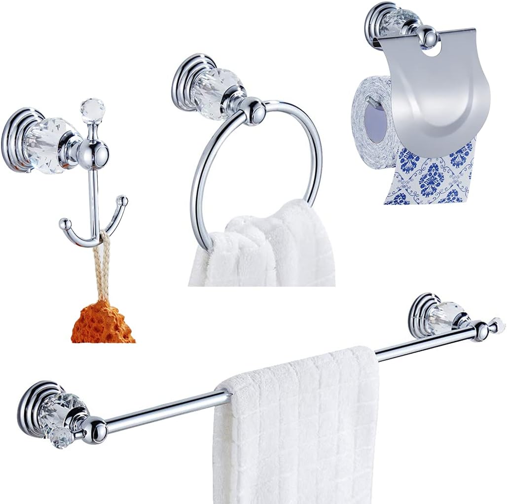 WOLIBEER Chrome Bathroom Accessories, Towel Holder Set Includes Crystal 24 Inch Towel Bar Toilet Paper Holder Towel Ring and Robe Hook 4 Pieces Silver Bathroom Hardware Wall Mount