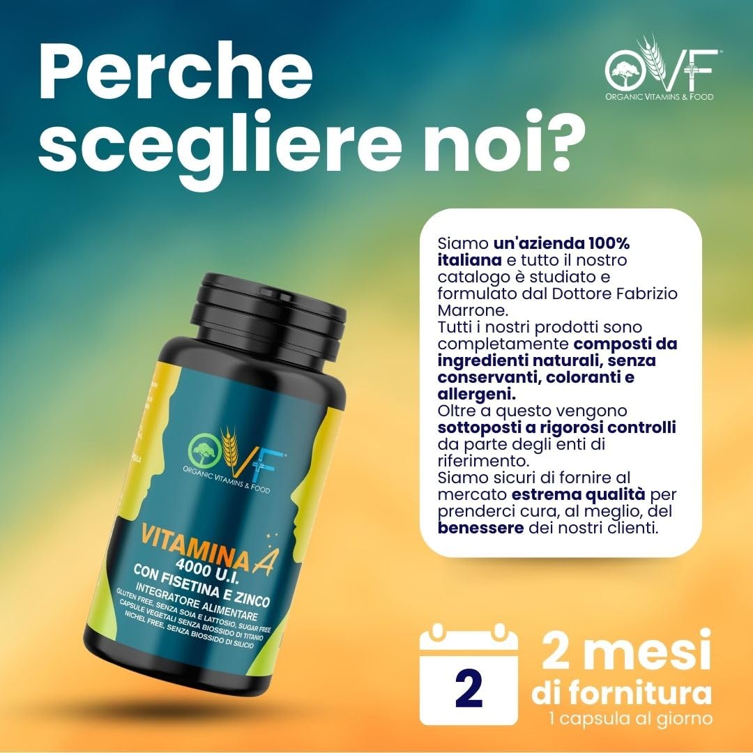 OVF Vitamina A Pura con Fisetina e Zinco - 60 Capsule con 4000 U.I. per dose giornaliera - Supporto alla Vista e al Sistema Immunitario - Vitamina A da Retinolo