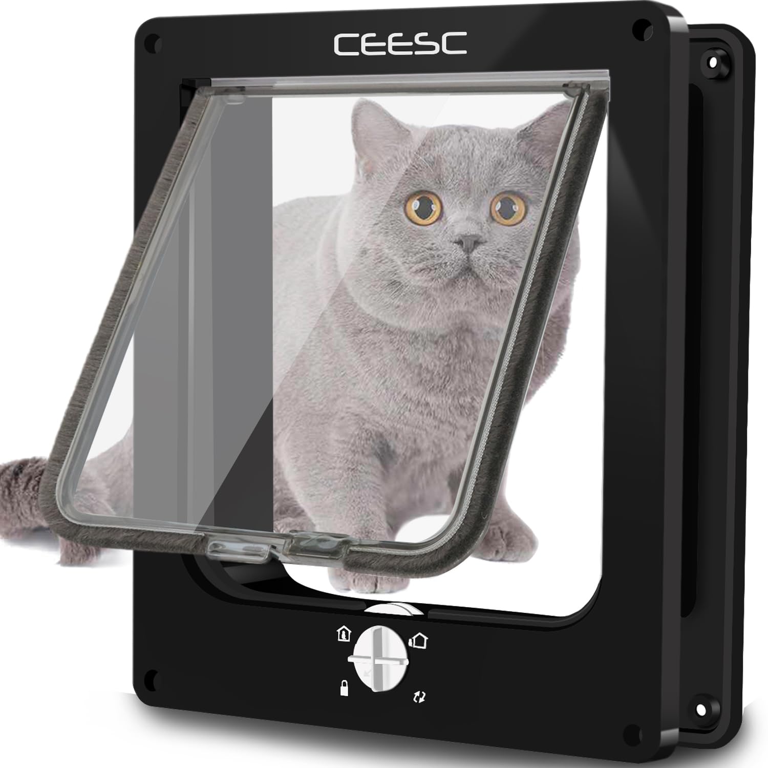 CEESC Aleta Grande para Gatos (tamaño Exterior 29,5 x 24,5 cm), Puerta giratoria para Mascotas con Bloqueo de 4 vías para Gatos y Perritos con Circunferencia <63 cm, versión Mejorada