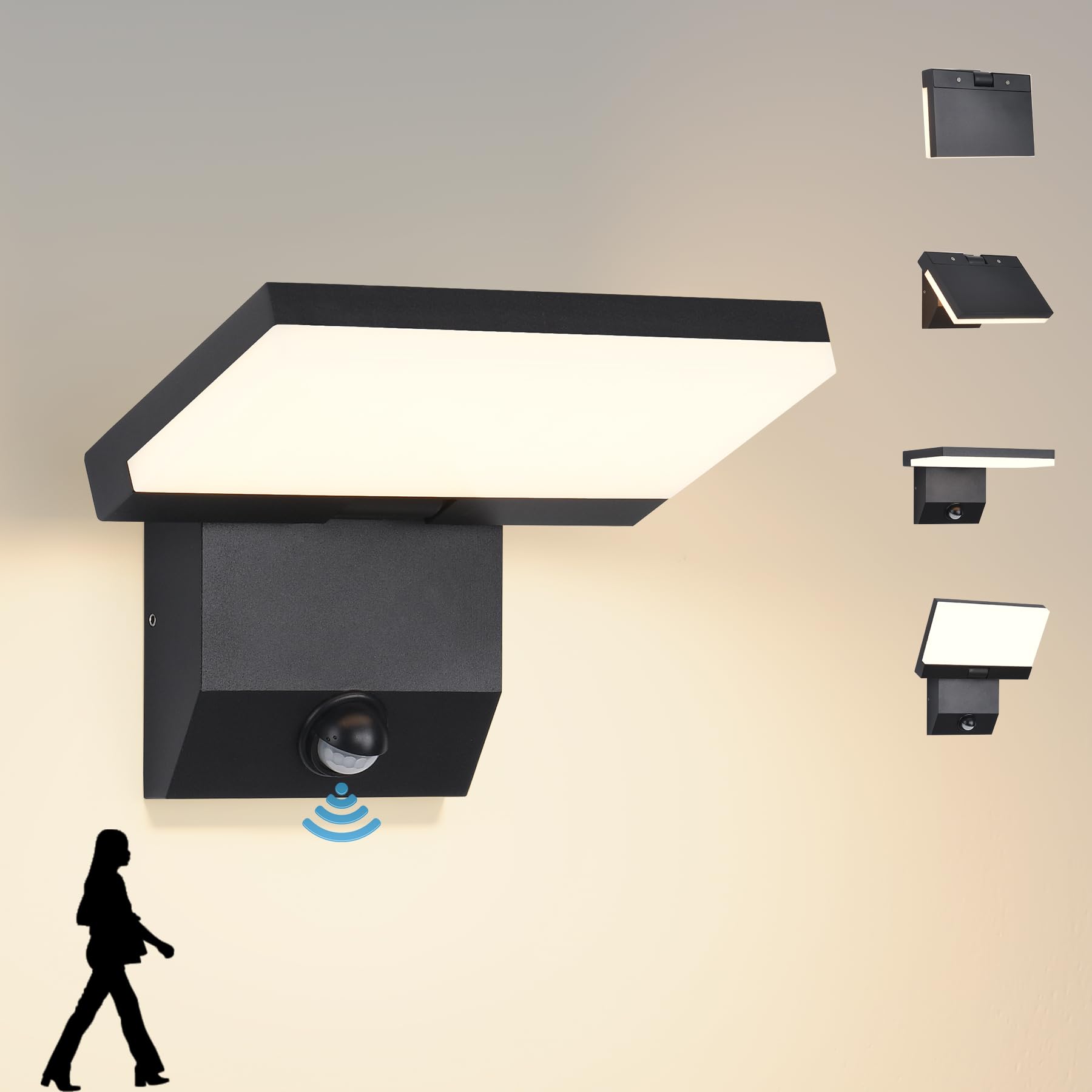 LED Außenlampe mit Bewegungsmelder,Aussen Innen Wandleuchte Wand,IP65 Wasserdichte Außenwandleuchte 22W 3000K Warmweiß Wandlampe,Aussenleuchte mit 350° Schwenkbar Panel für Garten Terrasse Schwarz