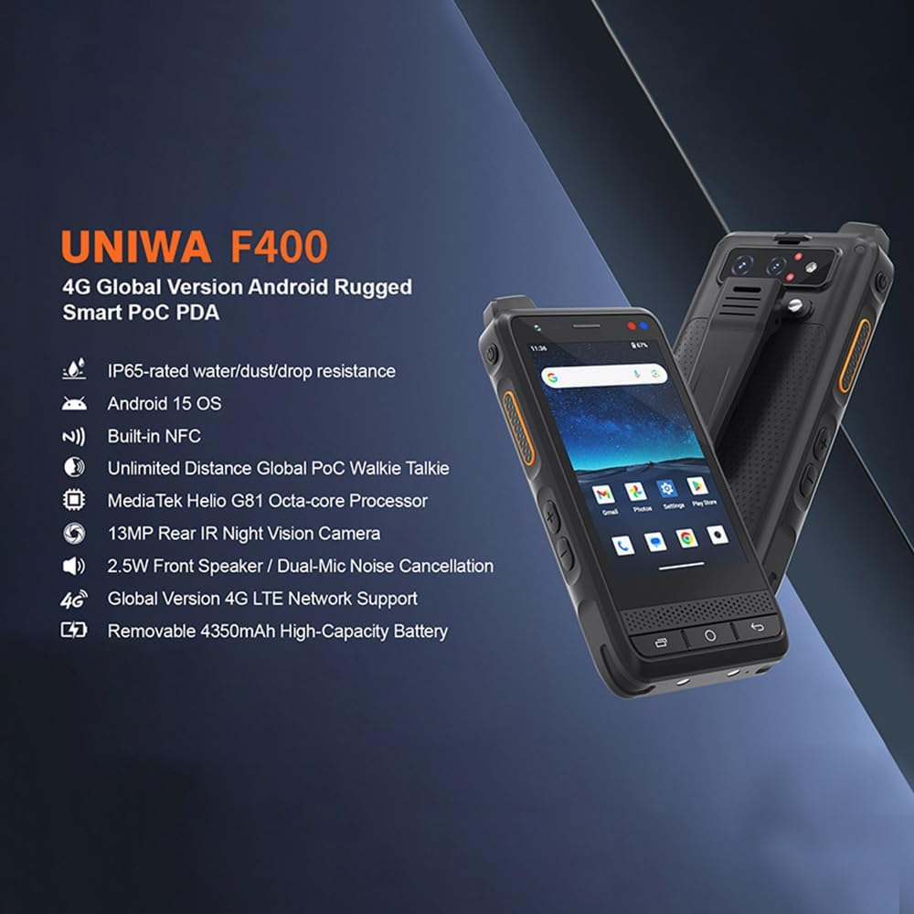 Uniwa F400 Network Radio 4G LTE Rugged Phone Android 15 PTT Walkie Talkie Unlocked PoC Radio 4.0 inch Touch Screen Support Zello and Real PTT