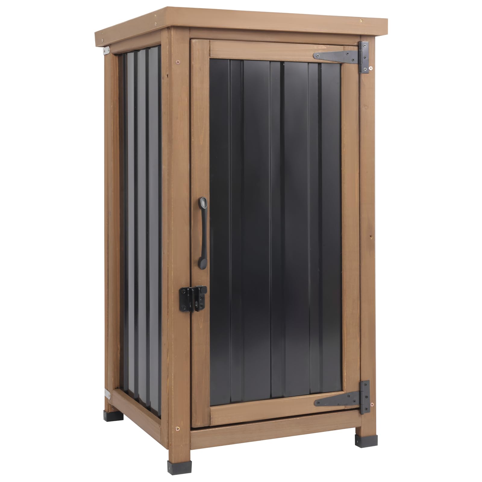 Small Outdoor Storage Cabinet Waterproof with Metal Top, Wood & Metal Outside Potting Bench Table Tool Organizer with Adjustable Shelf for Patio Backyard Garden