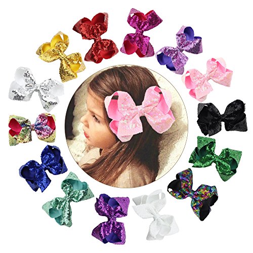 CHLONG 6" Hand-made Butique Ribbon Hair Bow Large Hair Clips for Girls Teens Kids 14pcs(Sequin)