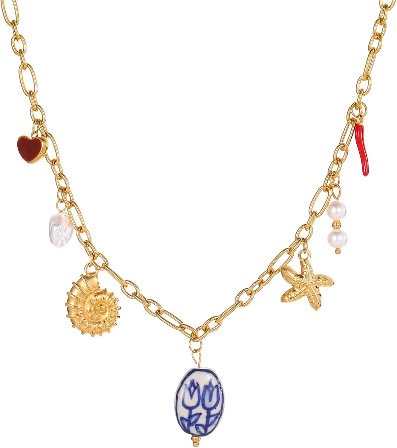 Sea Shell Starfish Necklace for Women 18K Gold Plated Paperclip Chain Conch Pearl Charm Necklace Stainless Steel Summer Beach Jewelry Christmas Gifts