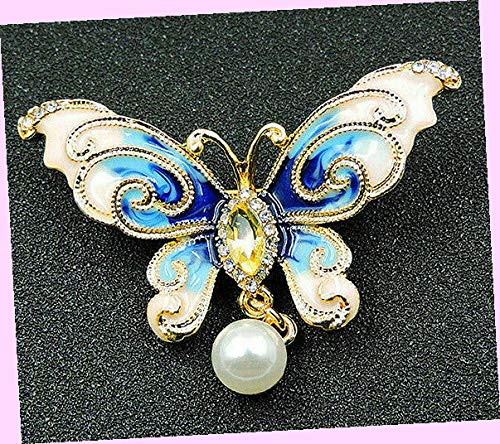 Lovely Curl Pearl Butterfly Rhinestone Jewel Enamel Pendant Dangle Brooch Blue Rhinestone Brooch Pin for Women