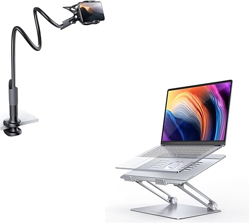Lamicall Juego de soporte para teléfono cama con cuello de cisne + soporte ajustable para portátil, elevador portátil