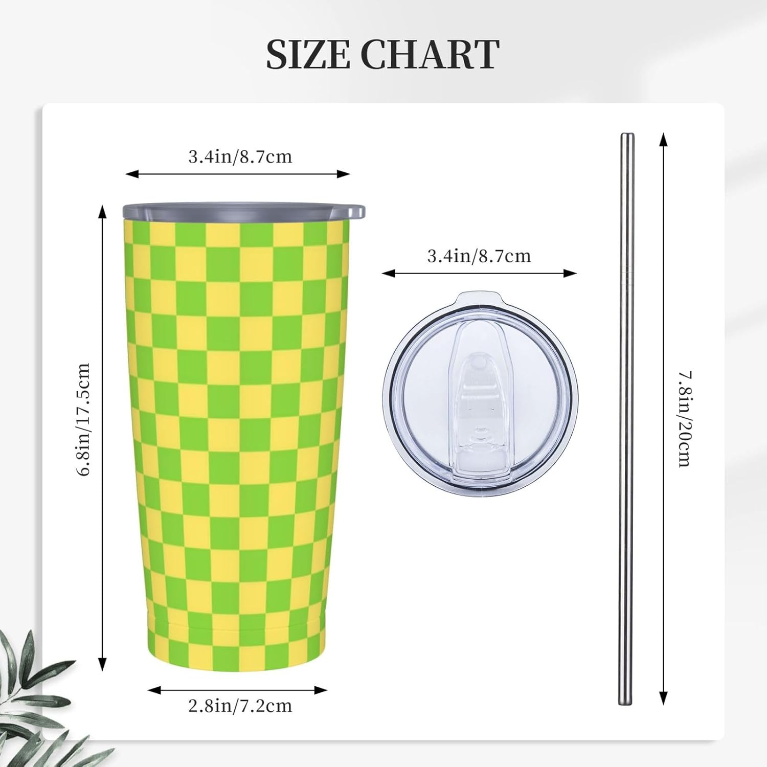 Green Yellow Checkered 20oz Tumbler, Checkerboard Grid Stainless Steel Travel Coffee Mug Water Bottle Lid, Buffalo Check Plaid Double Wall Vacuum Insulated Coffee Cup for Ice Hot Cold Drinks - Image 4