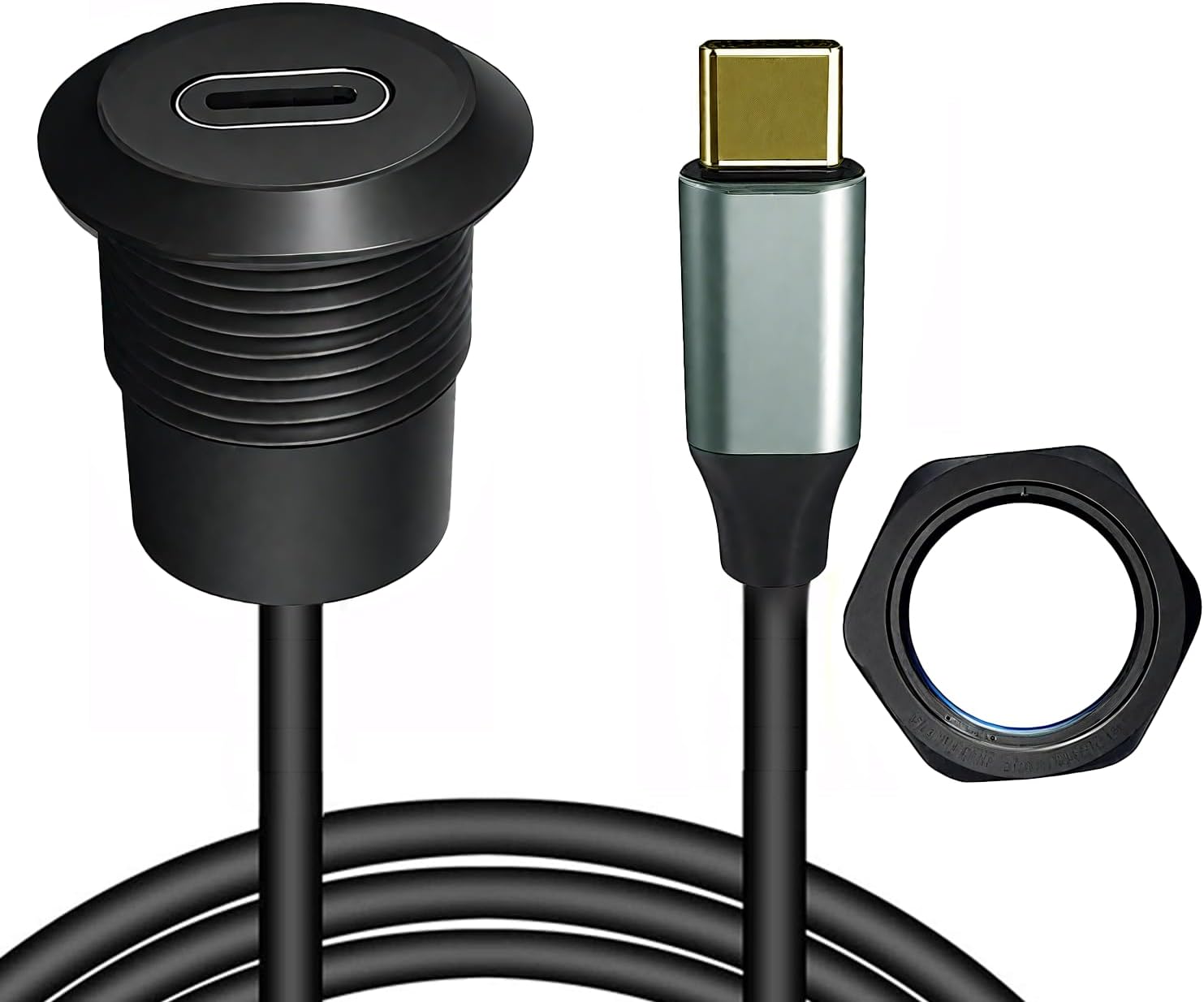 Aluminium Alloy USB Type C 3.1 Male to Female Flush Mount Adapter Cable USB-C 3.1 Waterproof Panel Mount Extension Adapter Cable for Car Boat Motorcycle,Support Charging Data Transfer(1M,Black)