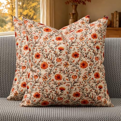 KUYZT Fall Pillow Covers 18x18 2Pcs Pumpkin Floral Farm Decor KY02A18