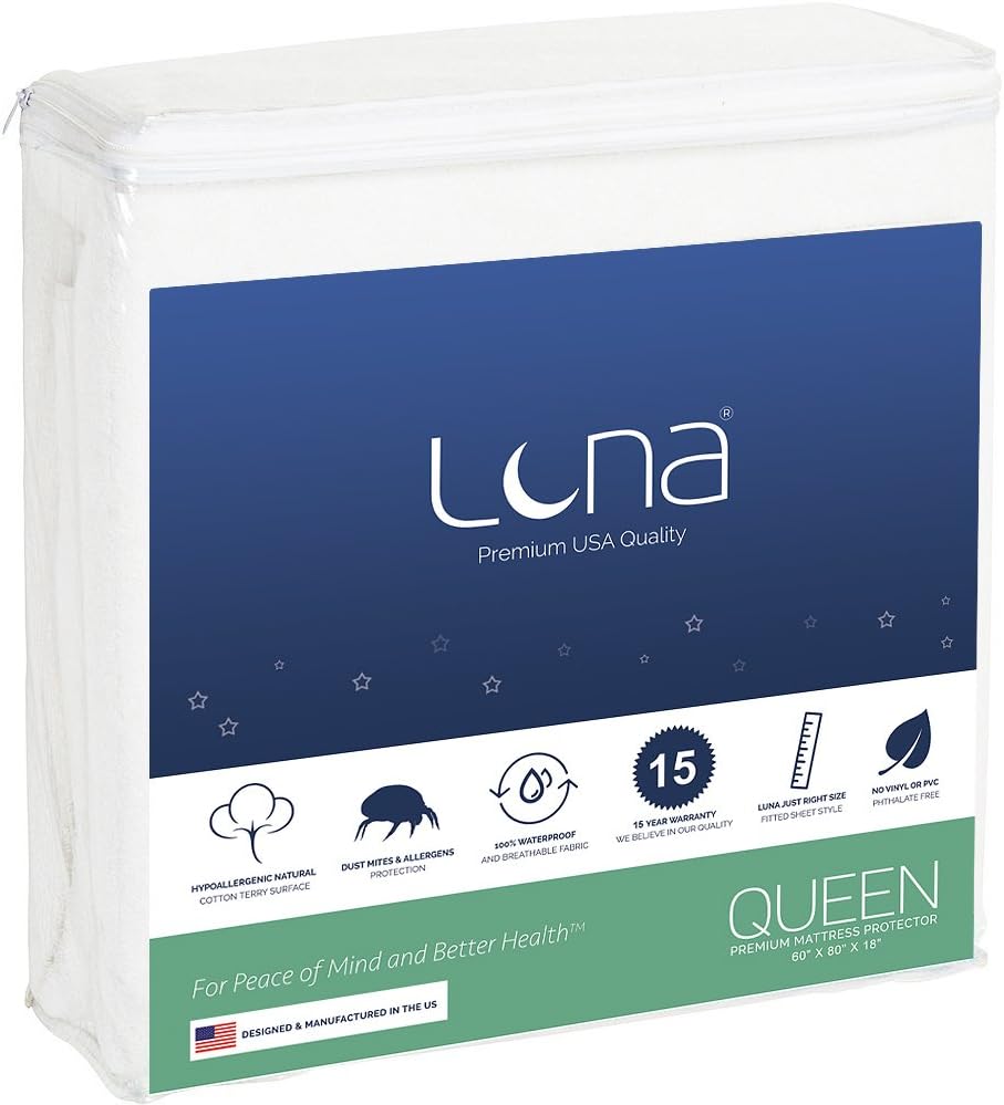 حامي فراش Luna Queen - غطاء مرتبة مقاوم للماء مع سطح من القطن Absorbent Terry - بدون ضوضاء ، تنفس قابل للتنفس - 100٪ مصدر وإنتاج في الولايات المتحدة الأمريكية   