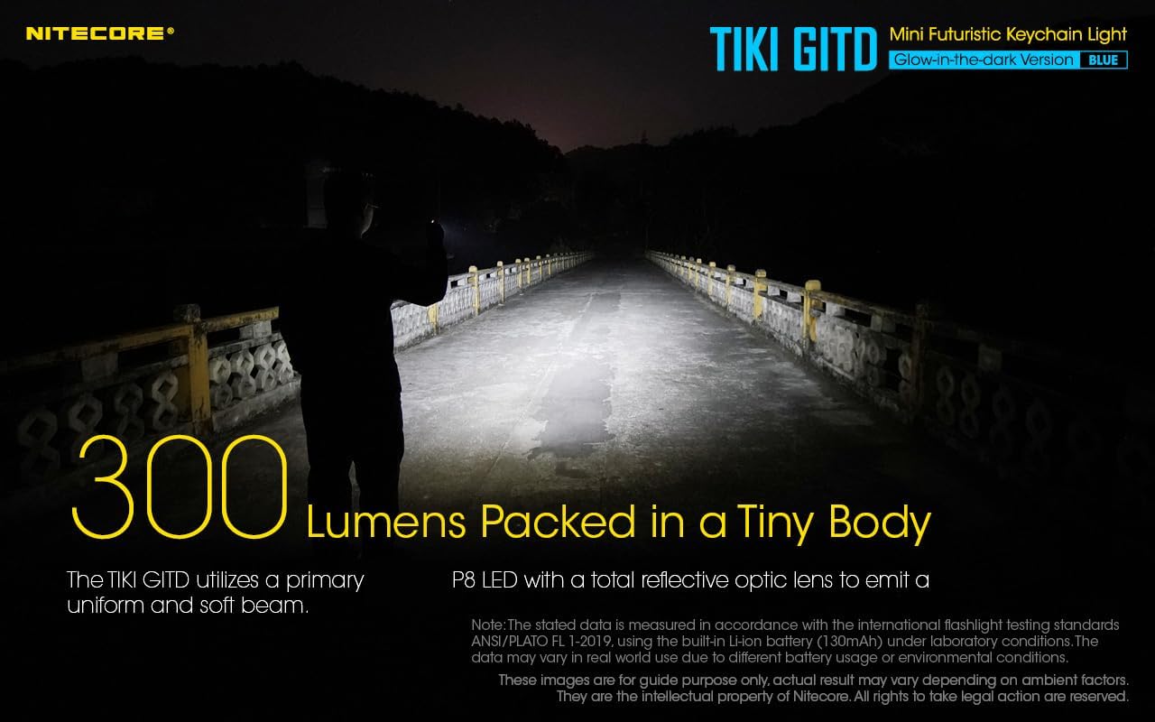 Nitecore Tiki GITD Blue Keychain Flashlight with UV & High CRI Light, 300 Lumen Everyday Carry EDC USB-C Rechargeable with Charging Cable