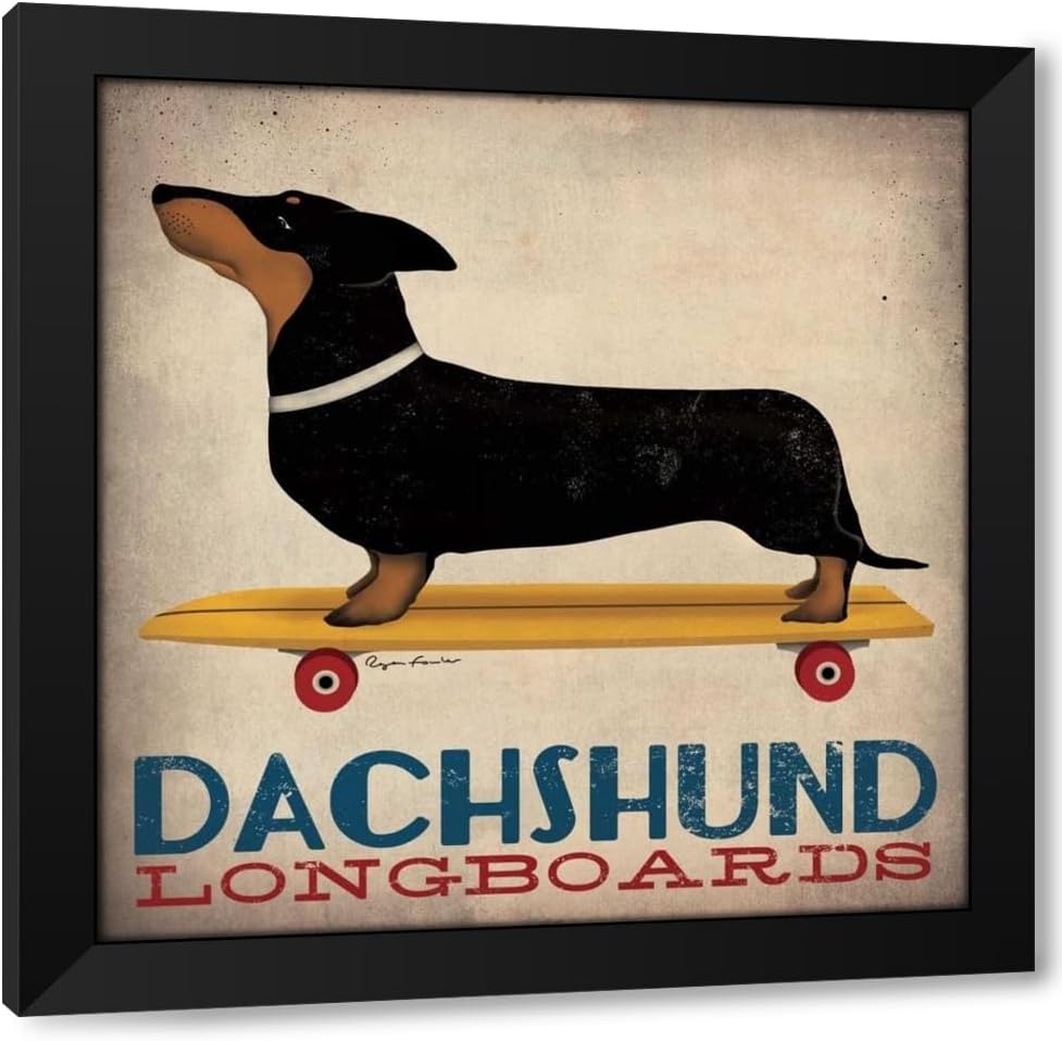 ArtDirect Fowler, Ryan 20x20 Black Modern Framed Art Print Titled: Dachshund Longboards