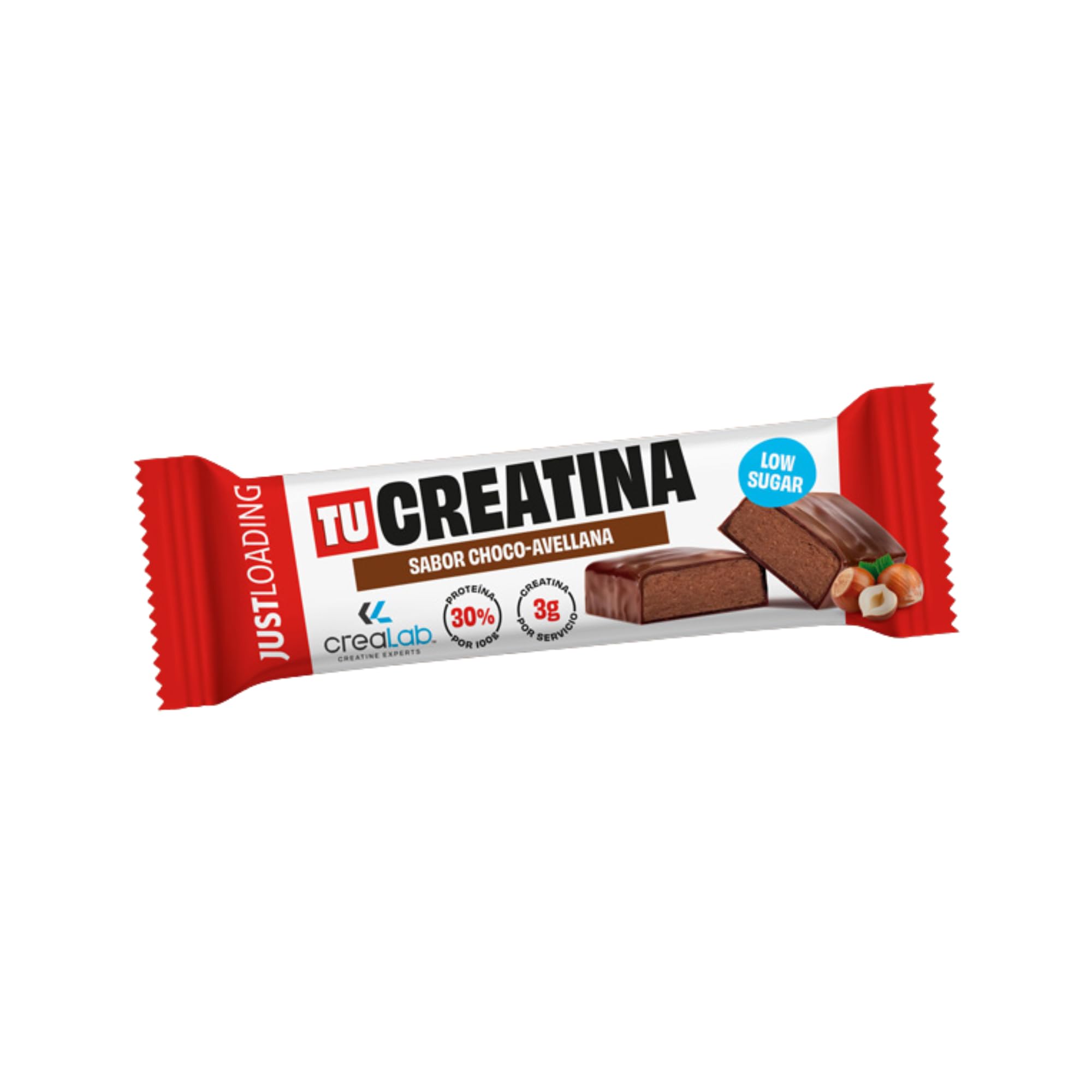 JustLoading Barrita Proteica Creatina 3g CreaLab | Choco Avellana | 24x40g | Con proteína, recuperación muscular. Bajo en azúcares. Rendimiento en alta intensidad. Ideal snack, gimnasio o viaje.