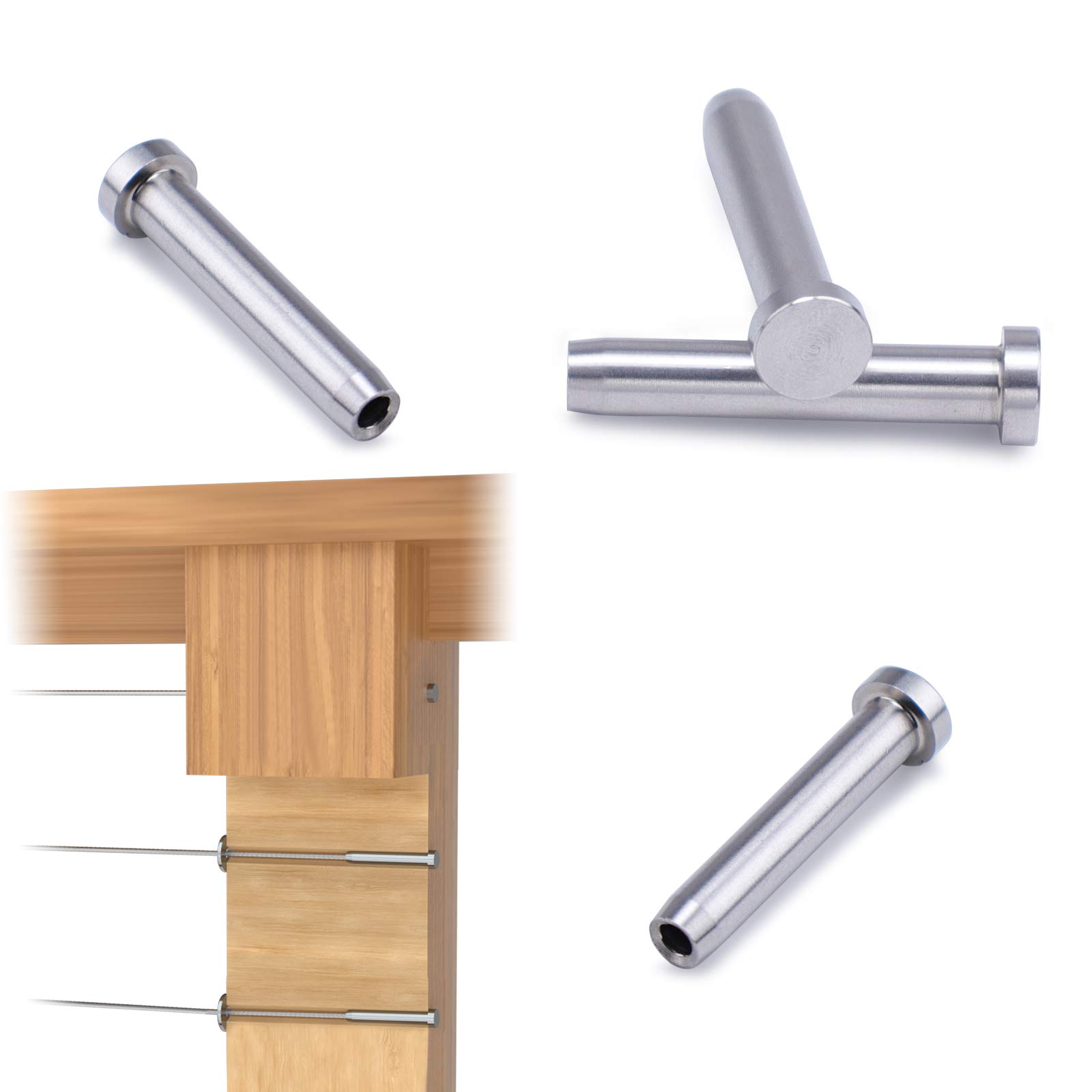 Muzata 60 Pack 1/8" Invisible Cable Railing Stemball Swage Dead End Terminal for Wood Post T316 Stainless Steel Deck Cable Railing Kit Hardware End Fitting CR24