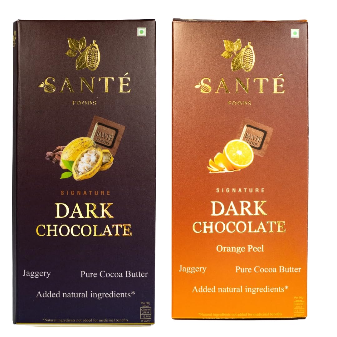 Sante Foods 50% Dark Jaggery Chocolate| Sante Foods| Pack of 2| Candied Orange Peel & Original Dark| No Added Sugar| Enriched with Ayurvedic Herbs| 50gram each| Vegan Chocolate (B0DDJGVQZ6) Amazon Price History, Amazon Price Tracker