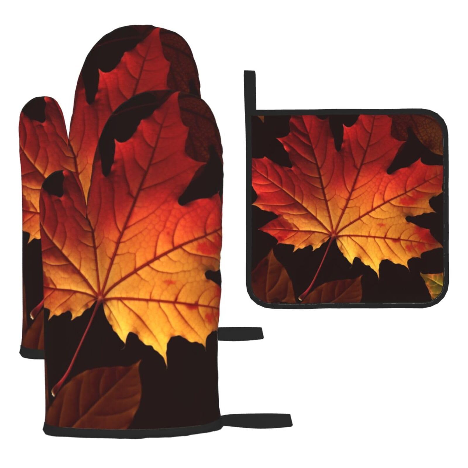Gants de cuisine feuilles d'automne pour cuisson au four et barbecue - Set de 3 maniques