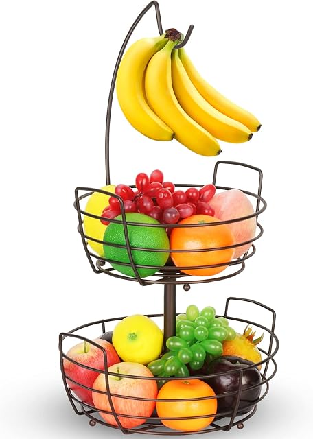 2-Tier Fruit Basket, Detachable Metal Fruit Bowl with Banana Hanger, Kitchen Countertop Storage Baskets Stand for Fruits Vegetables Snacks Breads, Bronze