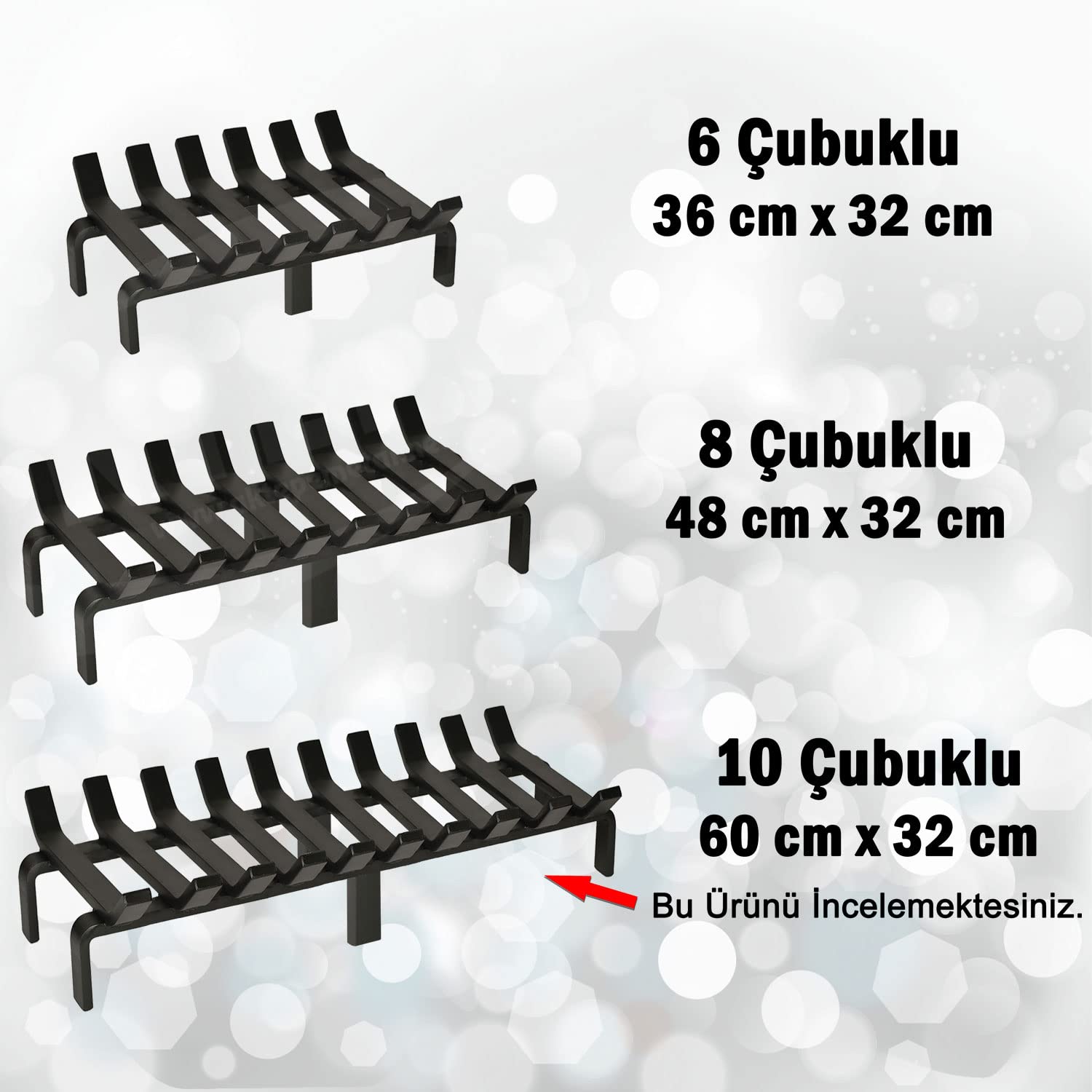 AKTEPE GROUP 60 cm x 32 cm 10 Çubuklu Ekstra Şömine Izgarası Dar Gözlü Izgara