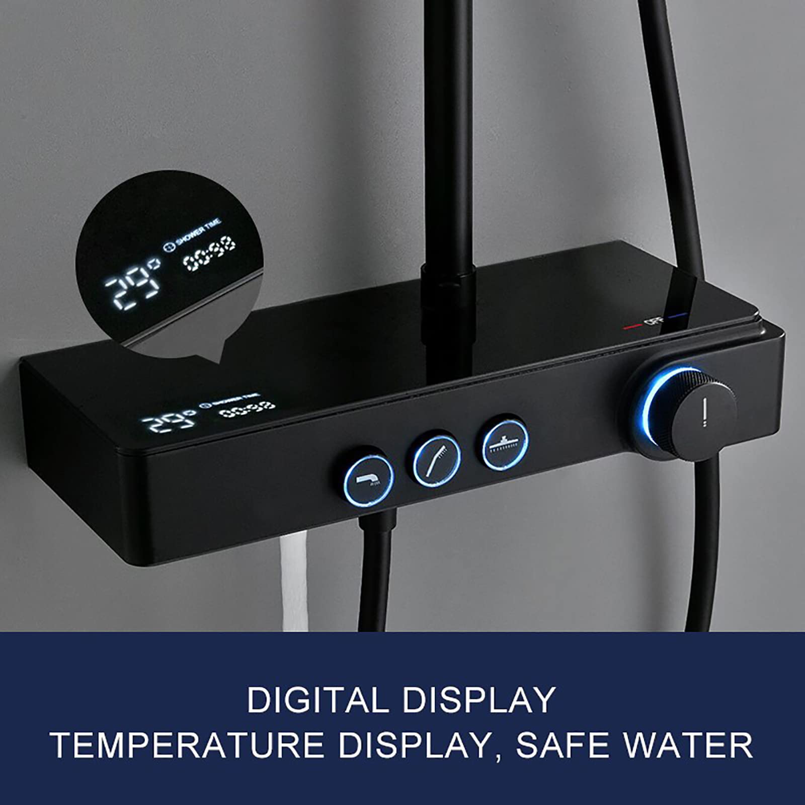 Juego de Sistema de Ducha Negro con Pantalla Digital de Temperatura Juego de Grifo de Ducha Montado en la Pared Juego Combinado de Ducha Altura Ajustable Juego de Ducha de Lluvia con Cabezal de duch
