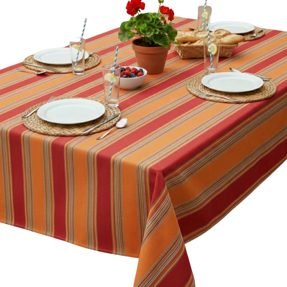Jolee Orange Red Stripe Outdoor and Indoor Water Repellent Tablecloth Rectangular 144 CM x 150 CM Washable Dining Cover