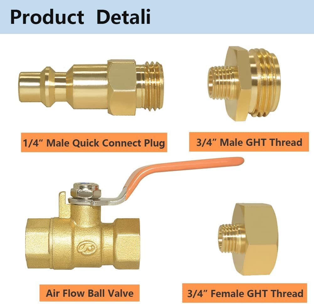 Hooshing Winterize Blowout Adapters 1/4 Inch Male Quick Connecting Plug and 3/4 Inch GHT Hose Thread, With Ball Valve and Gaskets For Blow Out Water to Winterize Sprinkler Systems